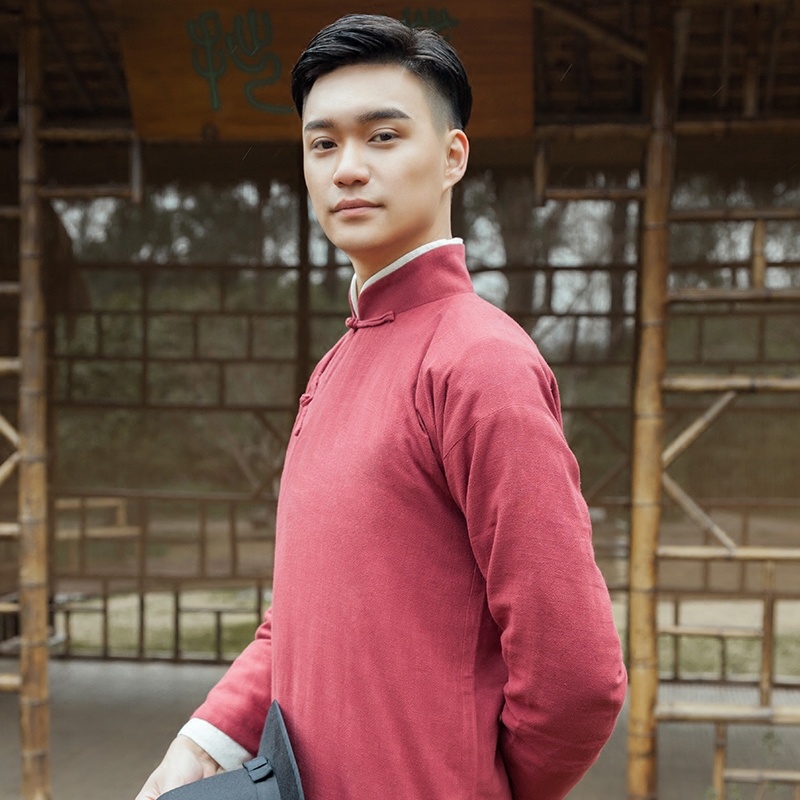 珂卡蝶新款影视民国长衫古装长袍男枣红棉麻长衫中式相声服演出服