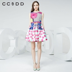 【新】CCDD2016夏装新款女 数字印花拼接连衣裙 甜美高腰百褶裙