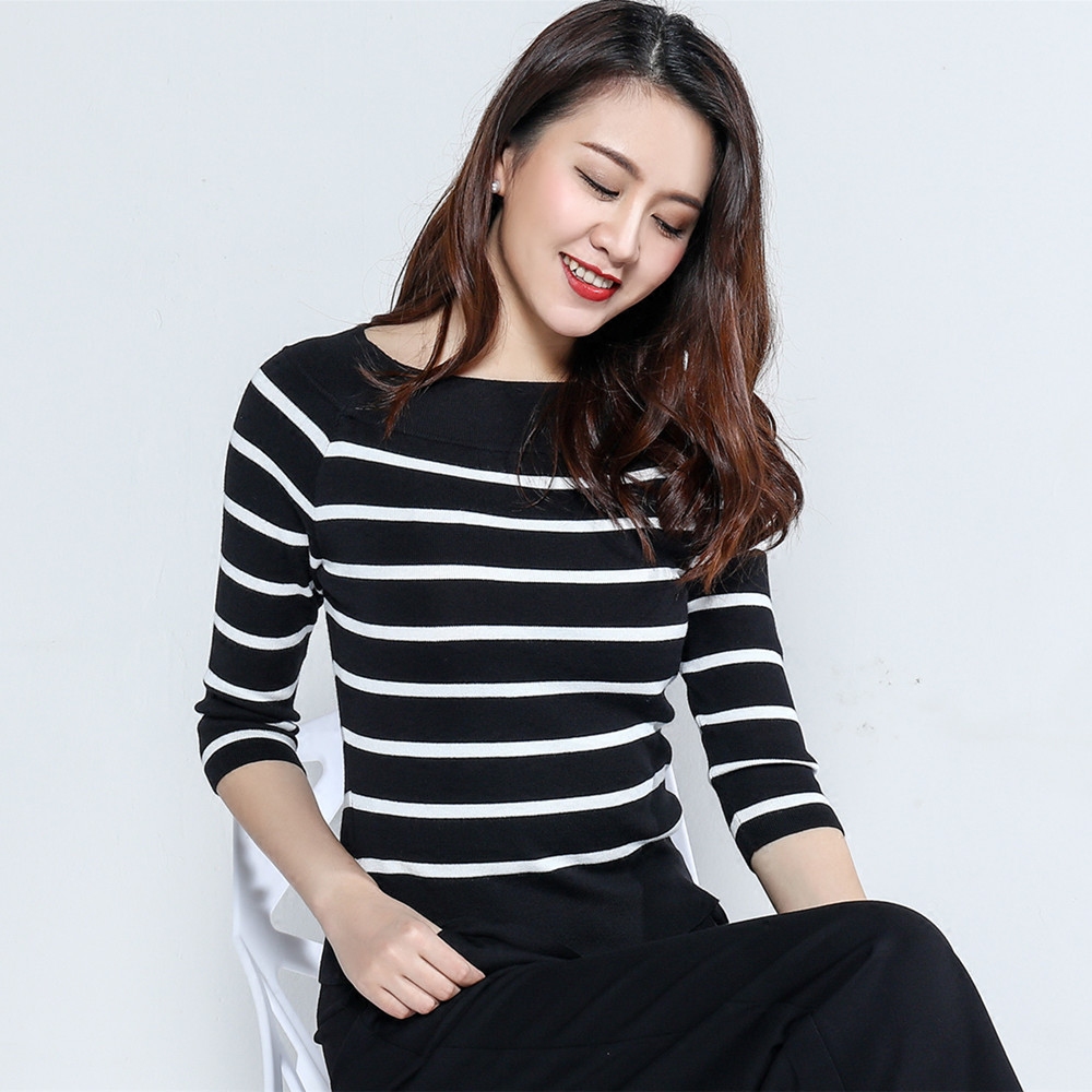 职业阿玛施特旗舰店官方店2017秋季新款女装一字领条纹针织衫