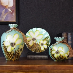 手绘陶瓷三件套欧式花瓶摆盘套装客厅装饰品博古架玄关创意摆件