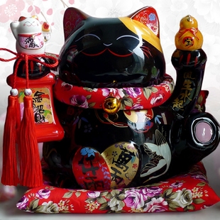 日本正版 大号黑色招财猫摆件 陶瓷招财猫存钱储蓄罐 开业礼品可在