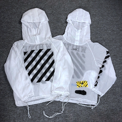 新品off薄款透气百搭防晒服男女情侣防晒风衣ow外套white泼墨条纹