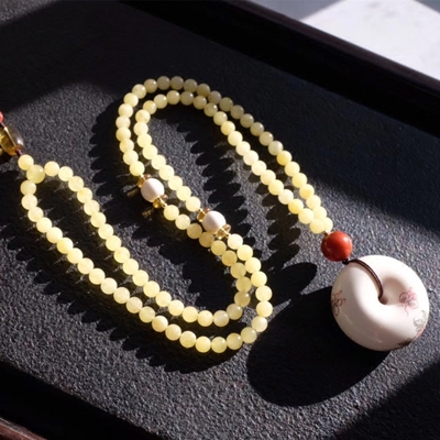 天然蜜蜡搭配猛犸象牙平安扣面包圈吊坠男女饰品挂件月下笛原创