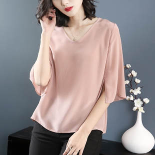 真丝衬衫女中袖桑蚕丝宽松五分袖上衣欧美时尚2019新款夏季v领t恤