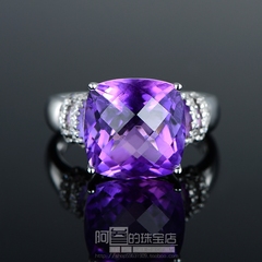 巴西天然紫水晶戒指女 925纯银镶嵌紫晶方形大克拉彩色宝石饰品