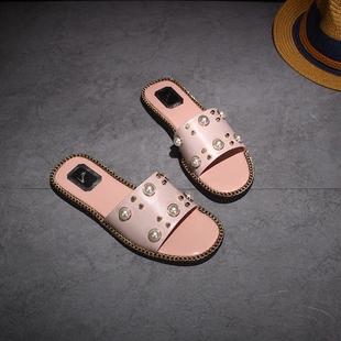 gucci padlock鉚釘珍珠 2020夏季新款涼拖鞋時尚珍珠鉚釘拖鞋外穿真皮平底防滑百搭女涼鞋 gucci