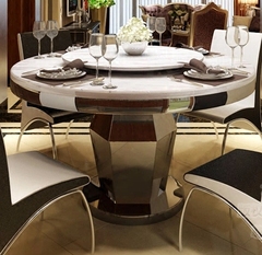 欧式大理石不锈钢圆桌钢化玻璃餐桌椅组合客厅饭厅桌
