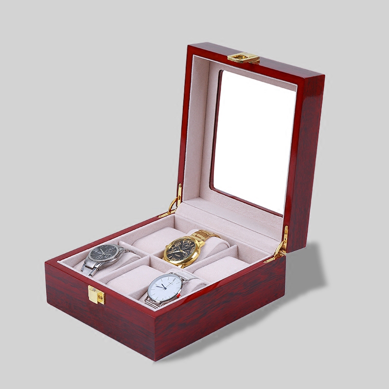 梦冉木质6位手表盒烤漆手表收纳盒开窗柜台展示玻璃防尘首饰盒子