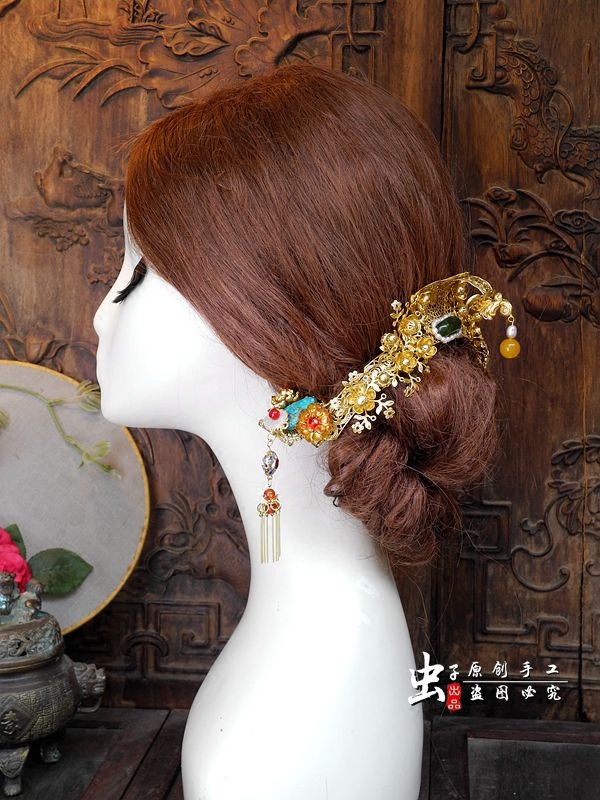 虫子出品手工新娘中式造型后钗古典素雅步摇金钗旗袍头饰1057a