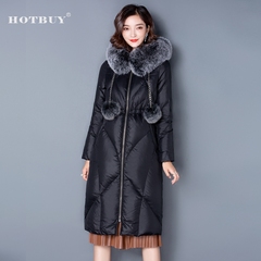 HOTBUY/好迈韩版修身收腰中长款狐狸大毛领气质羽绒服女9951