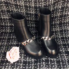 16冬季新款金属链条短靴女真皮马丁靴黑色中跟英伦风加绒保暖棉靴