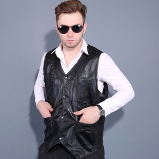 中老年真皮马甲男大码皮马甲羊羔毛马褂男多口袋背心男士马甲冬季