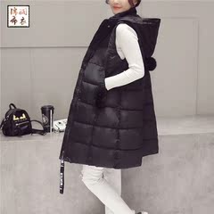 新款韩版中长款连帽羽绒棉衣马甲女装纯色秋冬季加厚保暖显瘦外套
