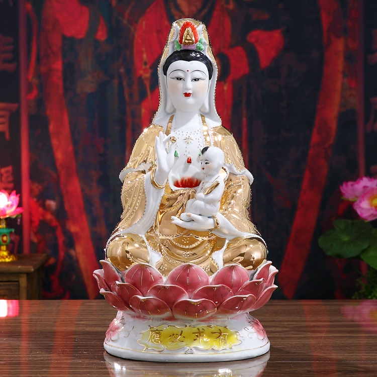 红莲缘陶瓷送子观音佛像求子卧室供奉吉祥摆件金色观世音菩萨像