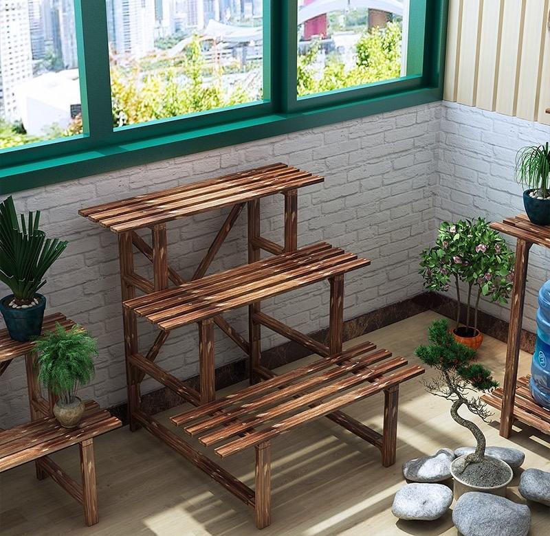 碳化防腐实木花架三层阶梯阳台置物架多层户外花盆架加固大花架子