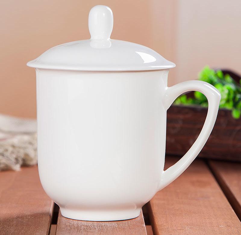 茶杯陶瓷白色盖杯1只耐热骨瓷带盖开会杯茶具商务会议办公杯