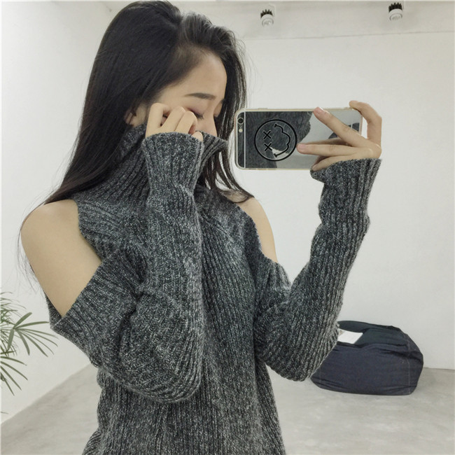 实拍!秋冬新款韩范洋气款漏肩显瘦套头高领毛衣