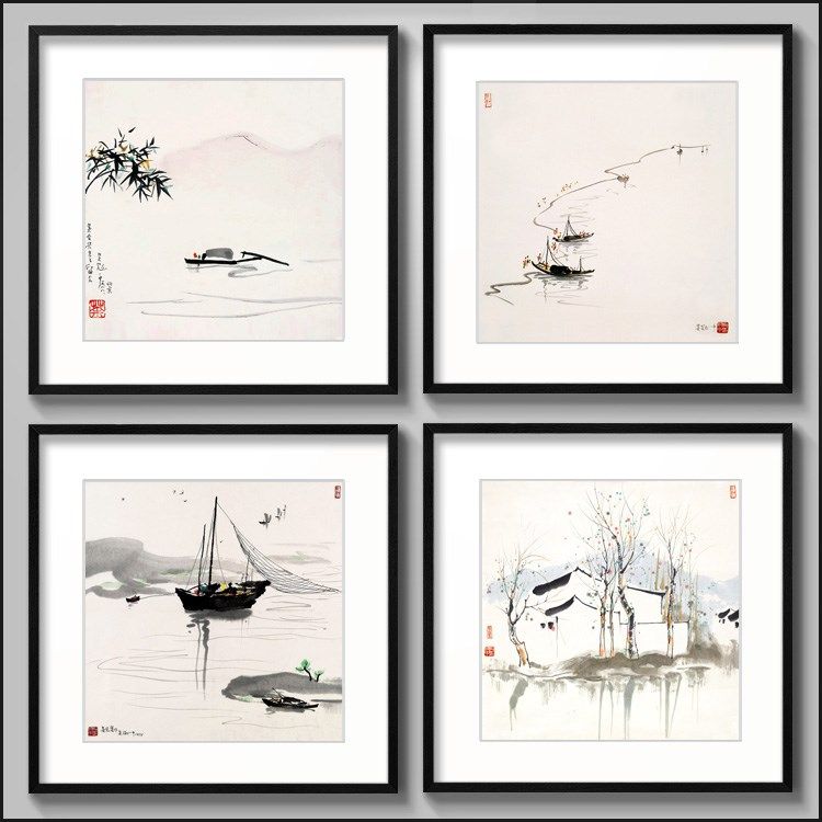 家居装饰画方形吴冠中水墨画江南水乡国画饭店餐桌宾馆挂壁画