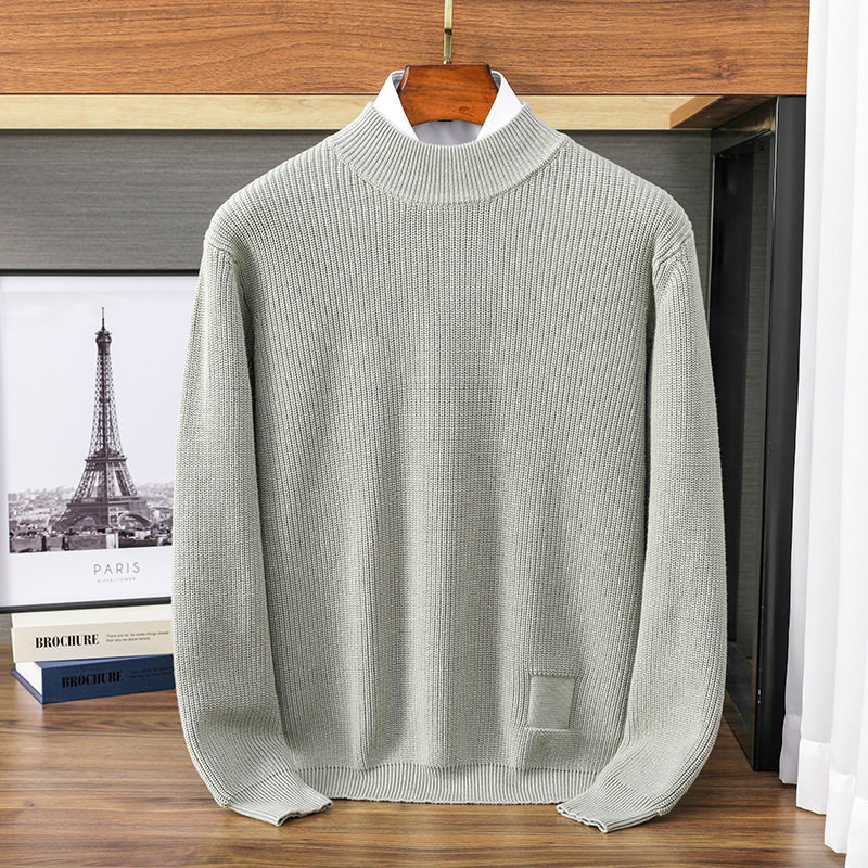 新款重磅加厚男100纯棉线长袖针织打底衫毛衣半高领套头商务休闲
