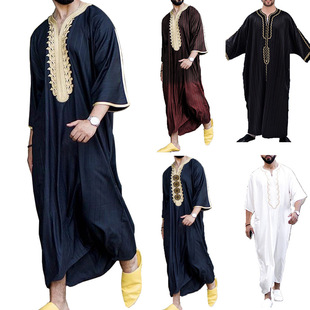 Men's Arabic robe V-neck short sleeve Middle Eastern Muslim