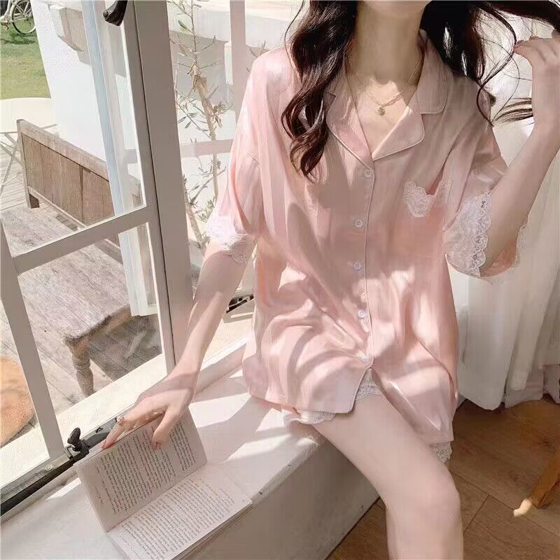 严选纯色仿真丝绸睡衣女冰丝夏季短袖短裤开衫性感短裤休闲家居服