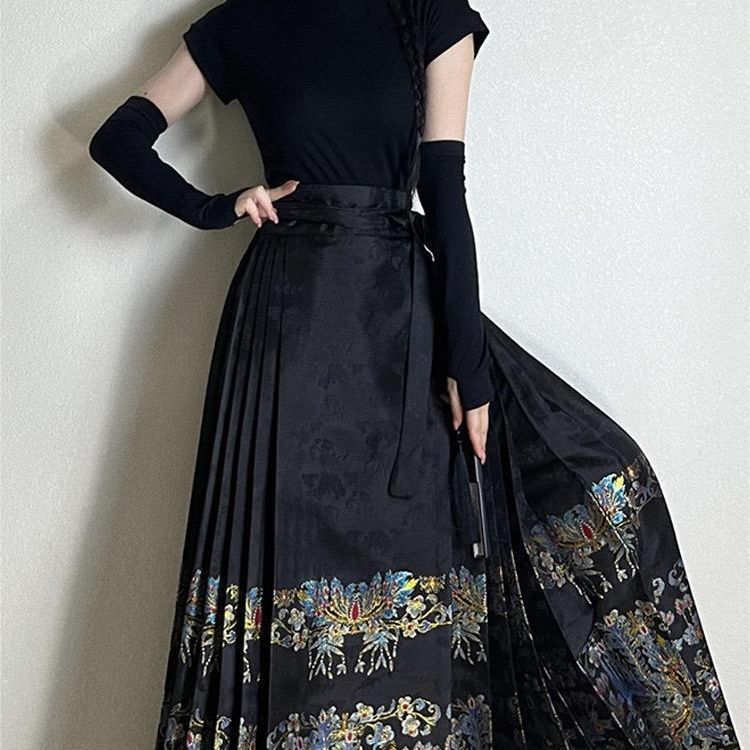 新中式黑色马面裙女2023春夏手工改良半身裙国风通勤长裙套装
