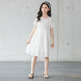 2024新款夏装儿童假两件镂空蕾丝连衣裙夏季女童气质白色公主裙子