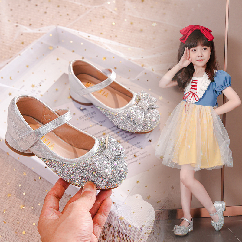 女童皮鞋儿童高跟鞋爱莎银色水晶鞋小女孩表演出公主鞋艾莎礼服鞋