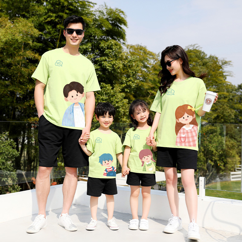 2024夏季韩版纯棉短袖亲子装一家四口母女装姐弟装蜡笔漫画T恤潮
