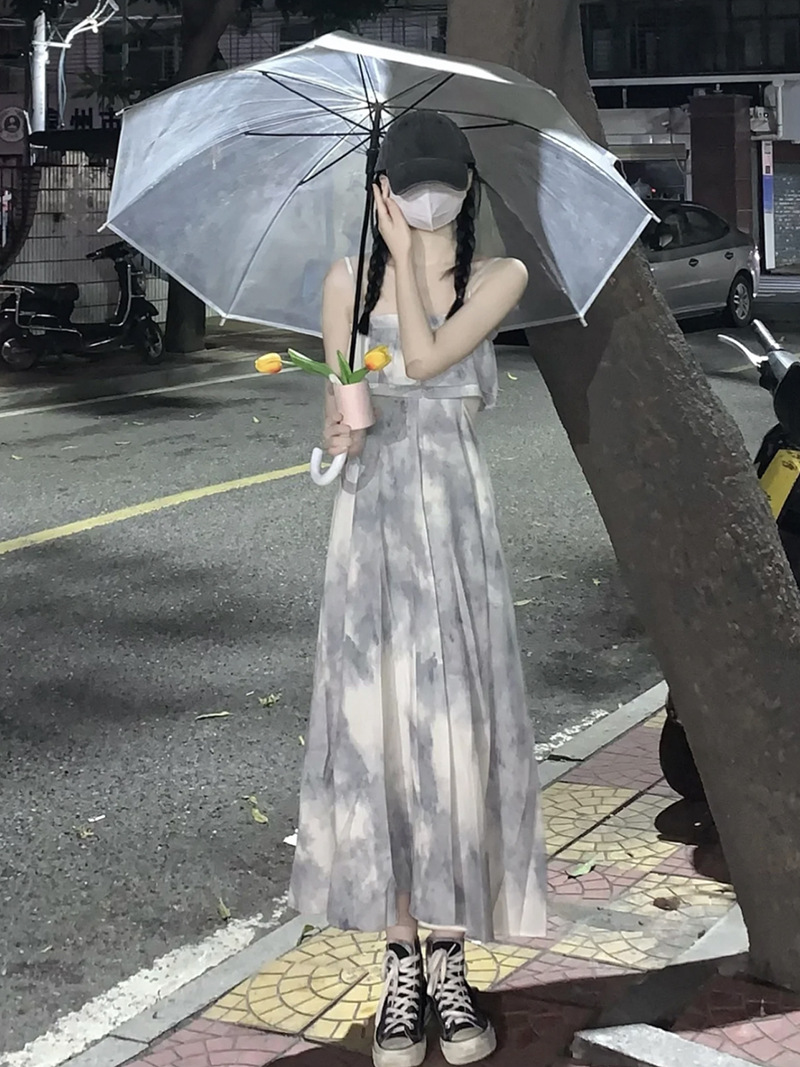 烟雨江南水墨晕染裹胸裙夏季感显瘦裙子一字肩吊带情人节连衣裙女