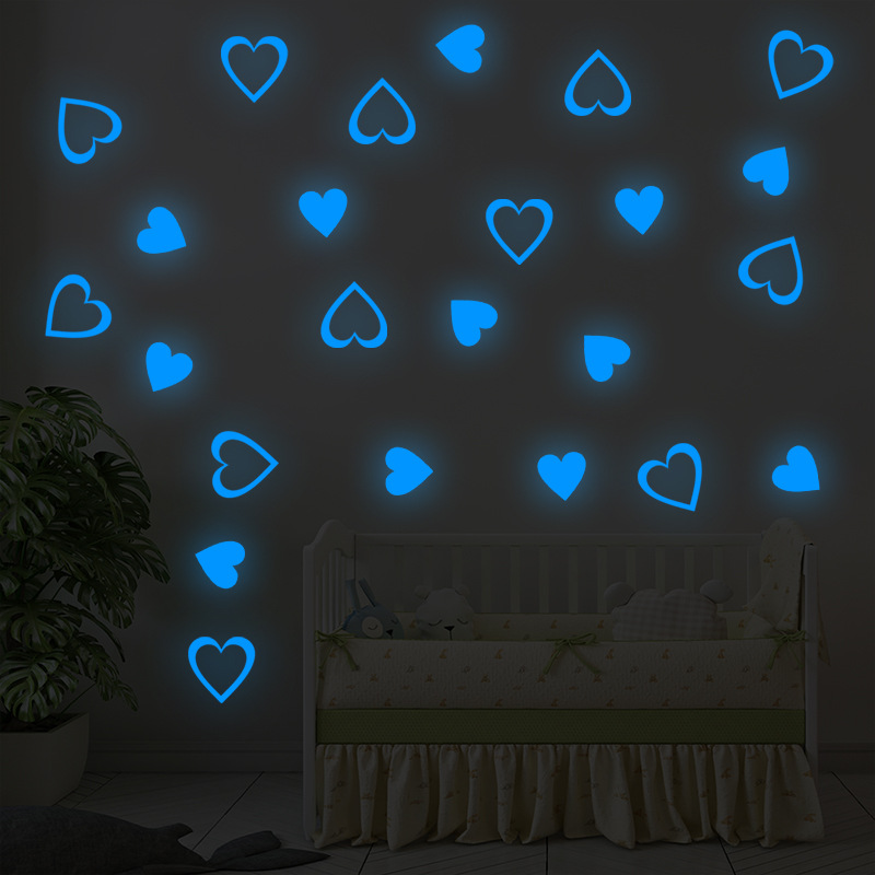 跨境亚马逊24个爱心夜光贴画卧室儿童房家居装饰可移除荧光发蓝色