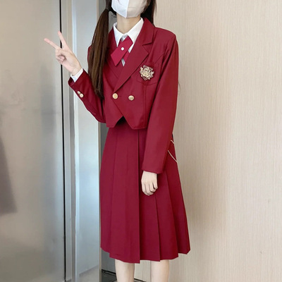 正版酒红色护奶裙jk制服秋冬日系背带卡奶裙学院风连衣裙班服套装
