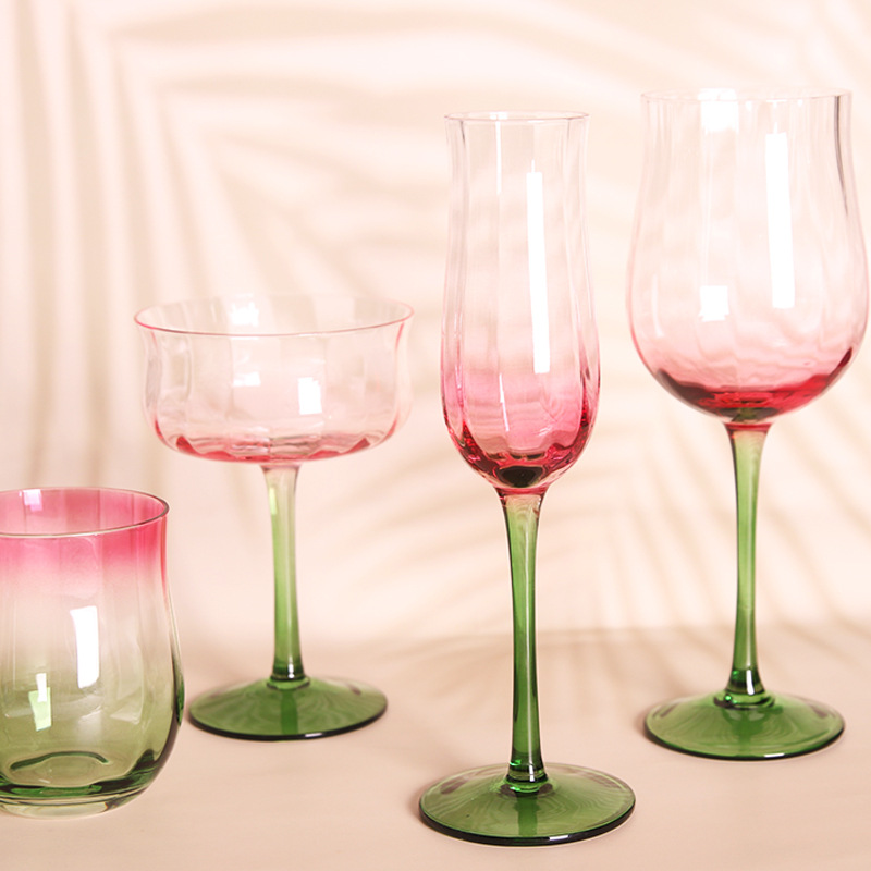 创意中古红酒杯香槟杯吹制红色渐变绿密棱脚杯复古网红葡萄酒杯