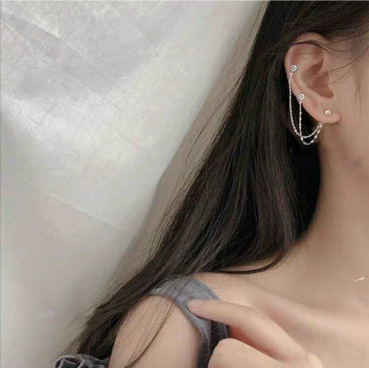 新款三个耳洞的耳环连体纯银欧美多耳洞耳钉女925多耳眼四洞耳饰