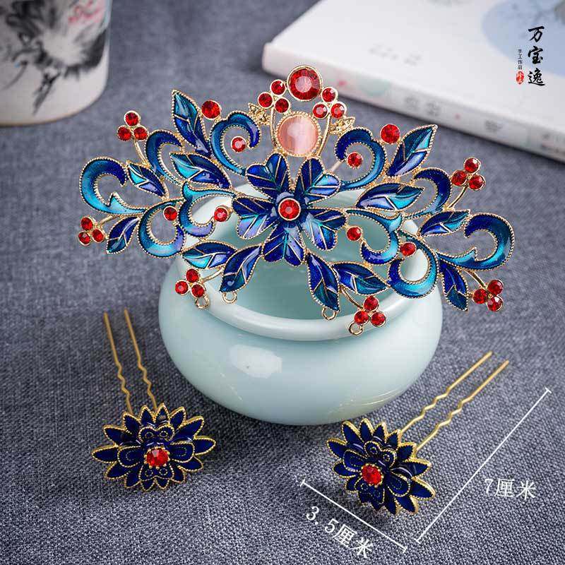 明制头饰套装景泰蓝步摇发簪烧蓝发冠女汉服发饰古风全套发钗配