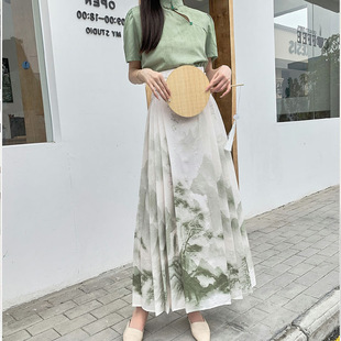 新中式国风暗纹玫瑰花水墨画马面裙半身裙女春改良汉服小个子长裙