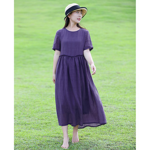 2024年夏季原创新款短袖苎麻连衣裙紫色棉麻女装圆领大码裙系带收