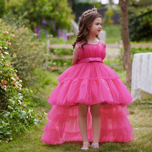 亚马逊新品花童公主裙可拆卸拖尾晚礼服女童婚纱六一儿童节表演服