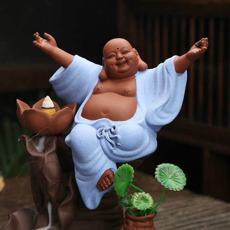 速发招财弥勒佛摆件紫砂倒流香炉大号家用复古茶道佛具室内陶瓷香香托