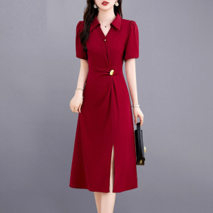 红色连衣裙女夏季2024新款显瘦法式气质通勤正式场合衬衫式裙子