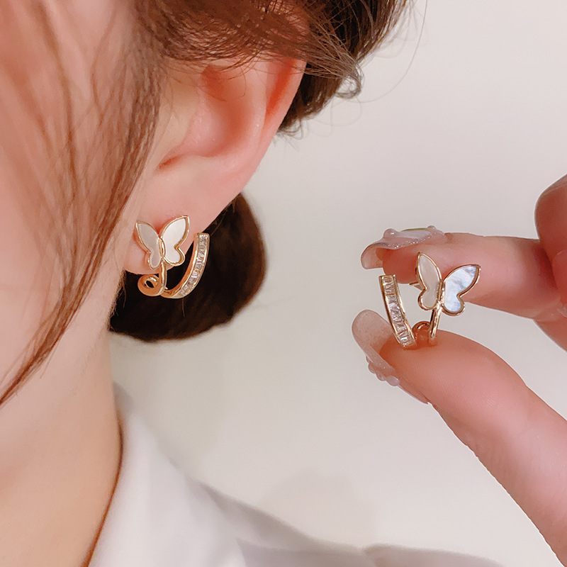 s925银针韩式高级感时尚甜美轻奢贝壳蝴蝶耳钉女耳环抖音同款耳骨