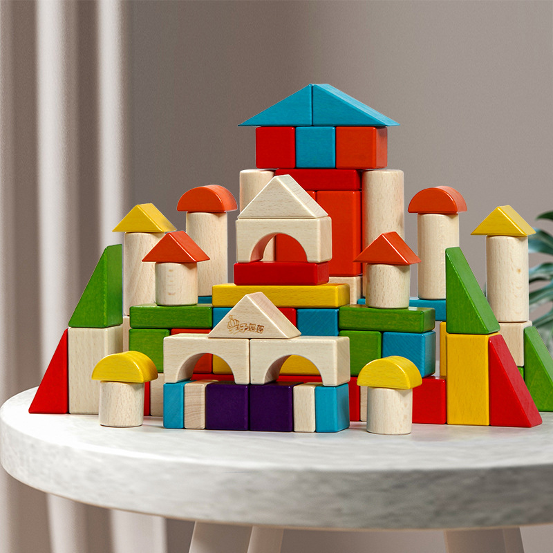 儿童积木盒装30-54-74粒多彩积木幼儿园儿童早教益拼搭榉木玩具