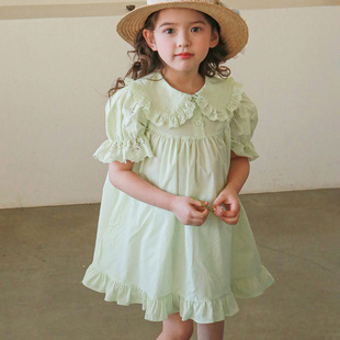 韩国童装儿童纯棉裙子夏款女孩翻领清新纯色连衣裙女童短袖公主裙