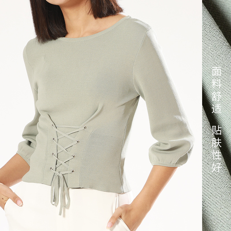韩版女装2023春夏新品简约风圆领冰丝针织衫系带收腰显瘦气质上衣