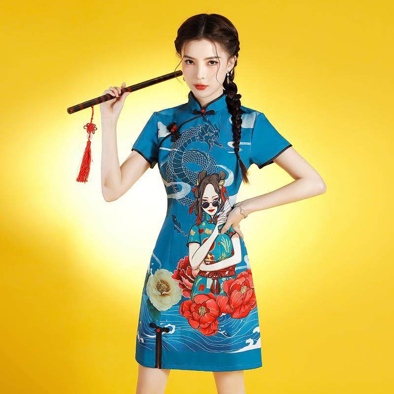 红色国潮女孩印花旗袍2022夏新款年轻改良款少女中国风连衣裙炸街