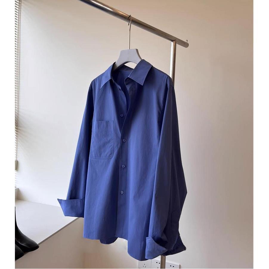 苍穹蓝气质前短后长叠穿廓型高支混纺棉蓝衬衫长袖韩版24年春衬衣