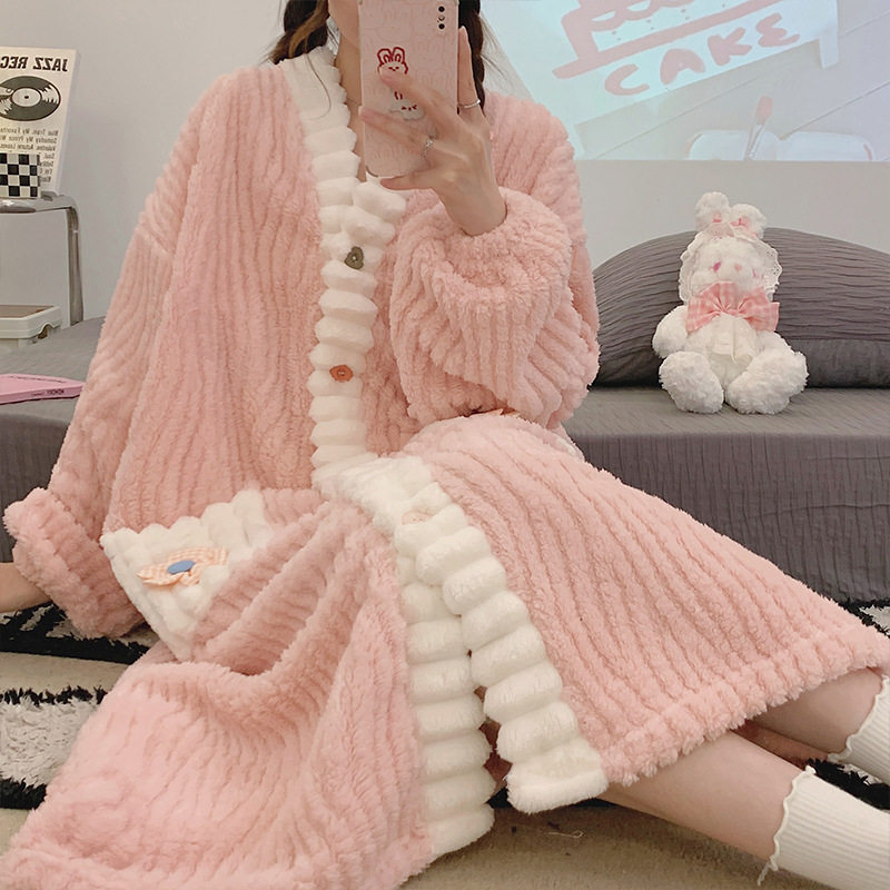 极速花朵公主睡袍冬季女款珊瑚绒加厚可外穿可爱甜妹保暖睡衣长款