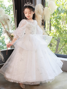儿童礼服公主裙2023春季女童高端钢琴演奏白色演出服花童连衣裙