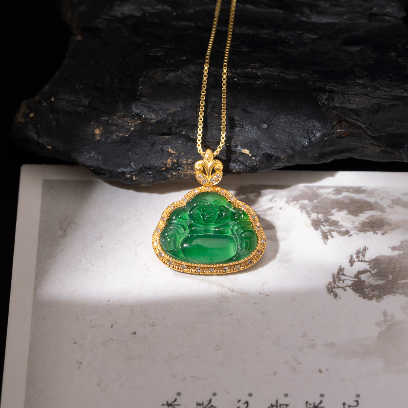 翡翠佛公吊坠挂件18k金镶嵌冰种天然缅甸玉简约精致鉴定证书女款