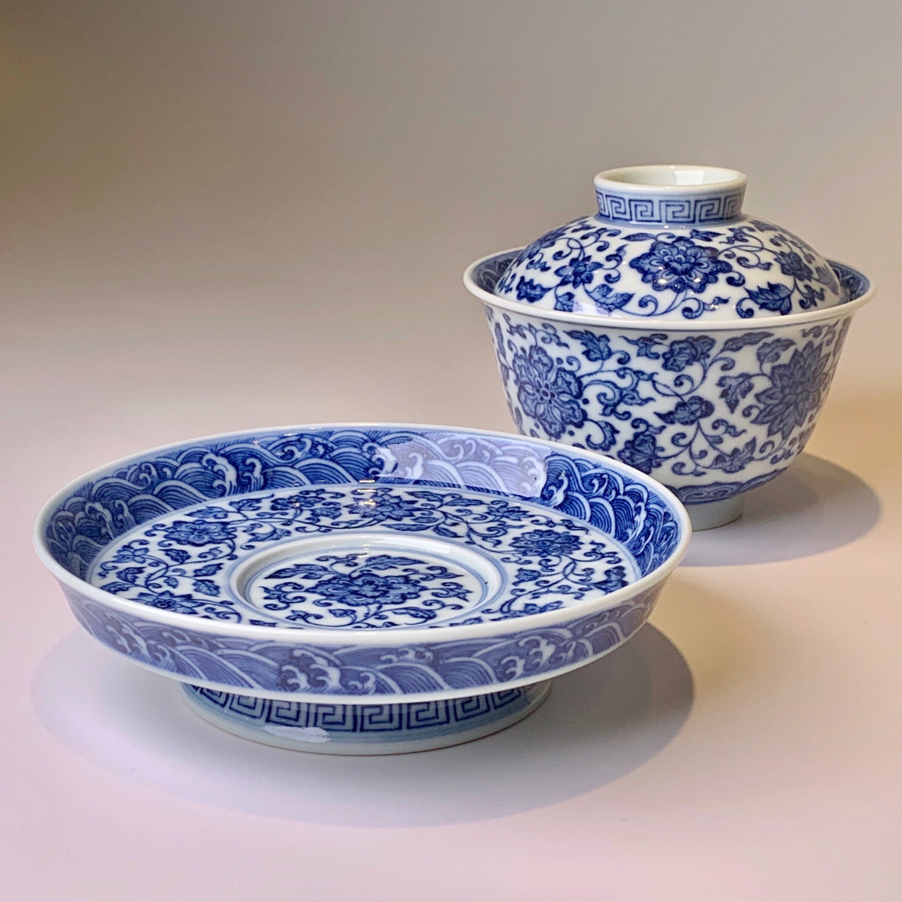 余寅窑茶具余寅柴窑青花缠枝莲纹三才大盖碗泡茶盖碗